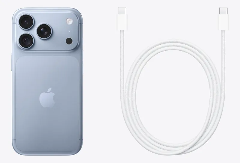 iPhone 18 Pro in Glacier next to a braided USB‑C Charge Cable